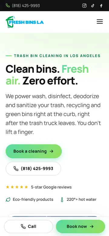 Fresh Bins LA homepage on a phone, with prices and a Book button