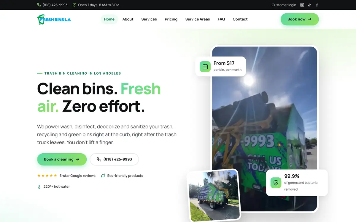 Fresh Bins LA homepage with prices and a Book button