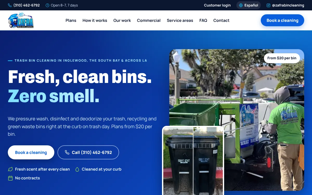 A bin cleaning company website on a laptop